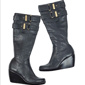 Calvin Klein Saxon Black Leather Buckle Detail Knee High Wedge Boots